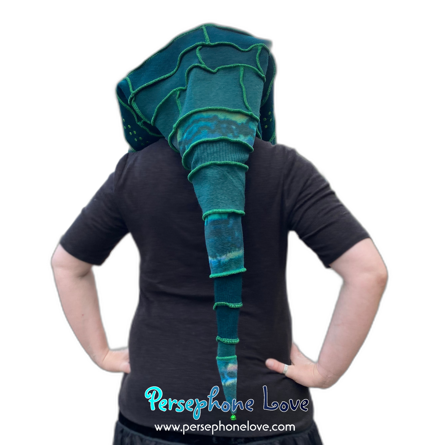 Katwise inspired green felted cashmere recycled sweater elf hat/hood-1563