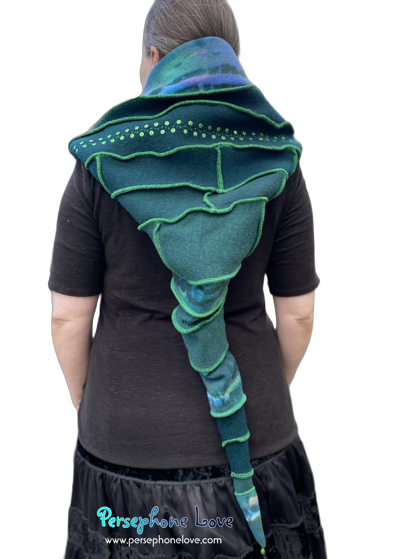 Katwise inspired green felted cashmere recycled sweater elf hat/hood-1563