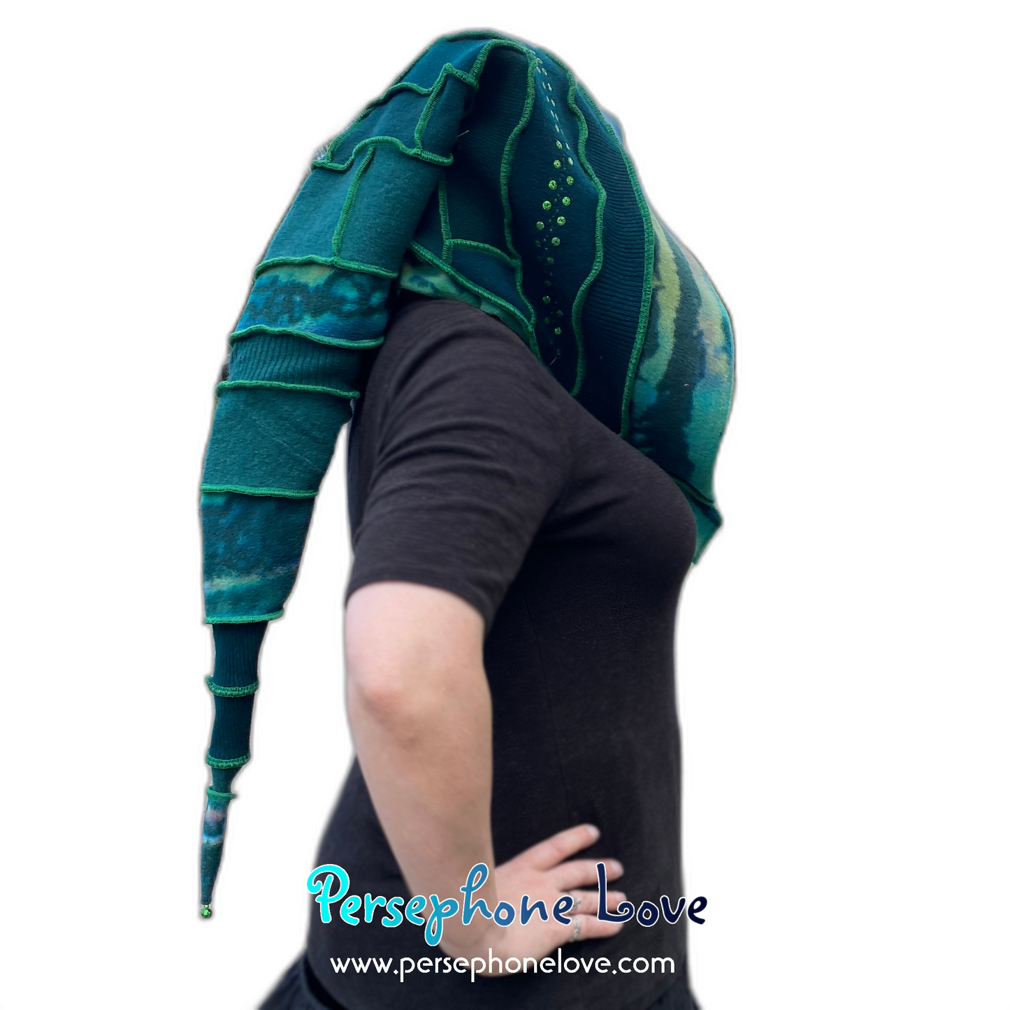 Katwise inspired green felted cashmere recycled sweater elf hat/hood-1563