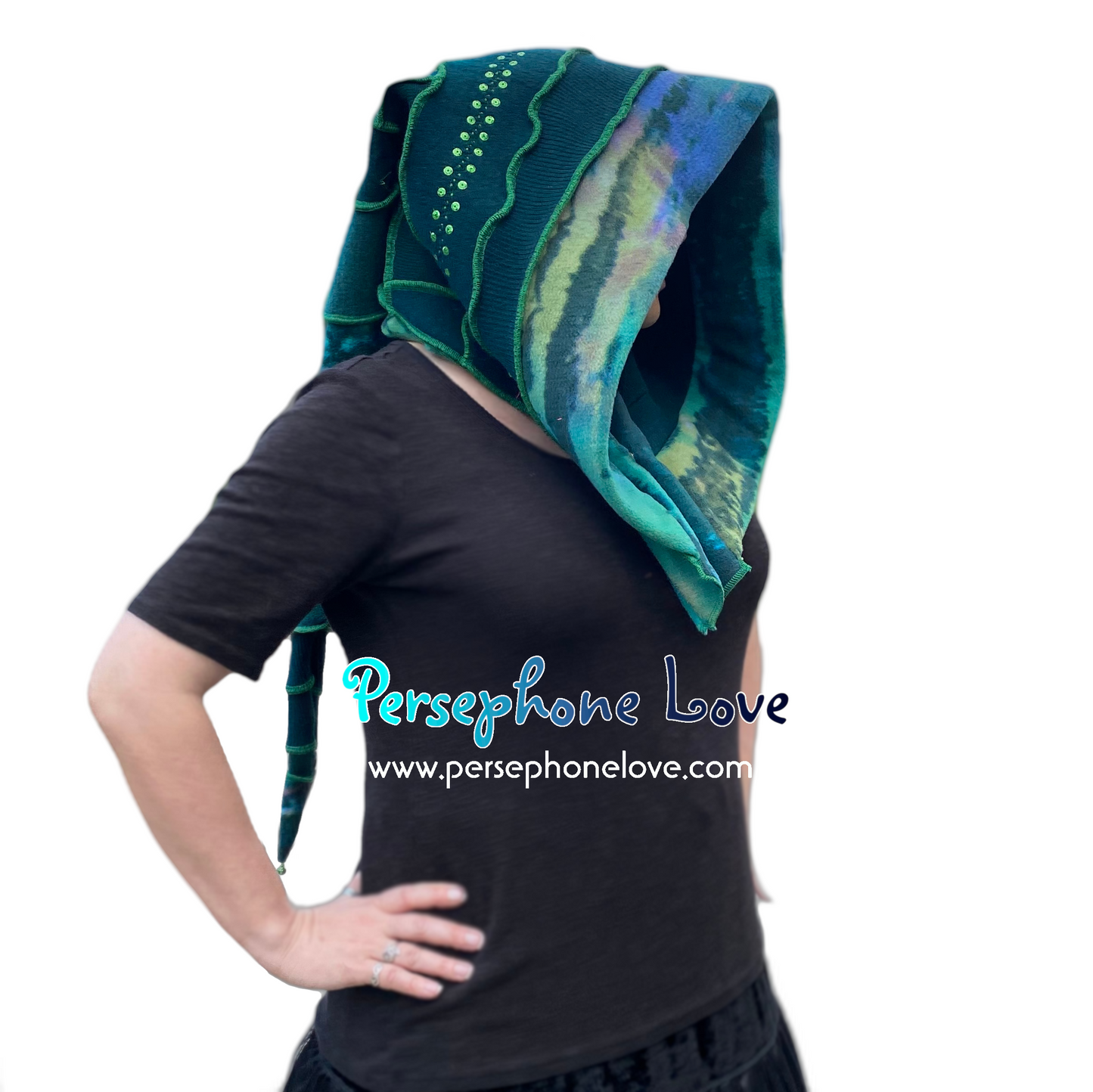 Katwise inspired green felted cashmere recycled sweater elf hat/hood-1563