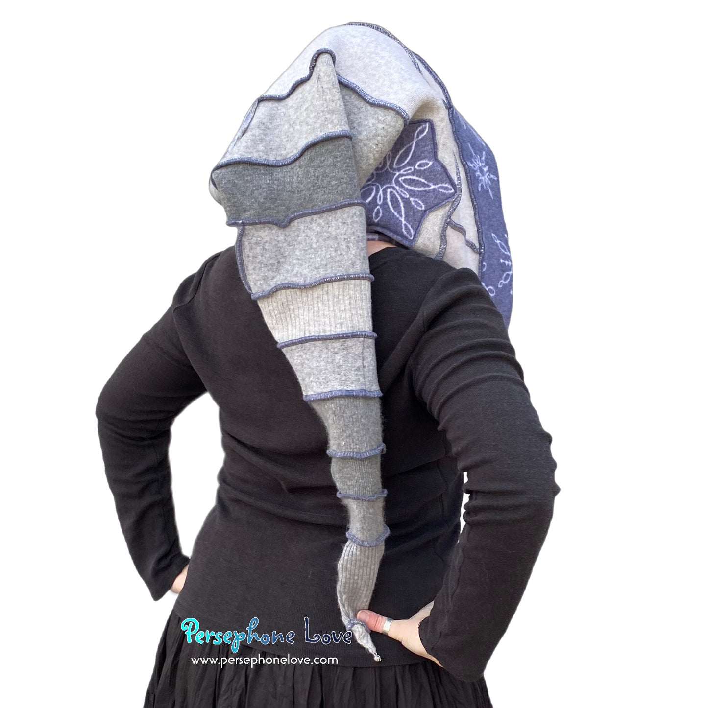 Katwise inspired grey felted 100% cashmere recycled sweater elf hat/hood-1644