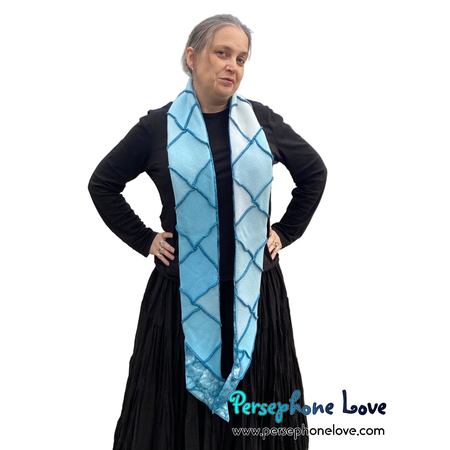 Patchwork teal 100% cashmere upcycled needle-felted sweater scarf -1808
