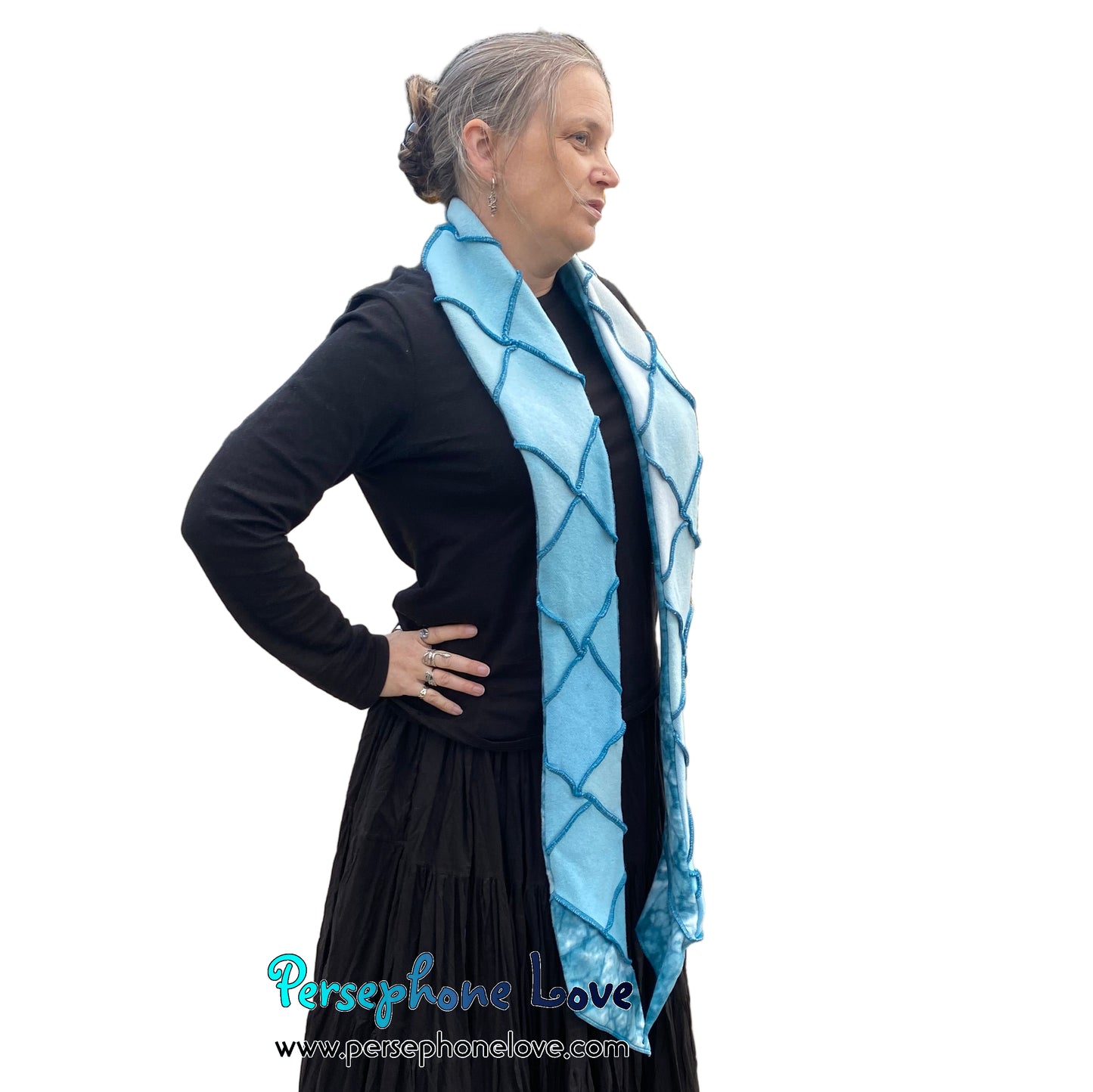 Patchwork teal 100% cashmere upcycled needle-felted sweater scarf -1808