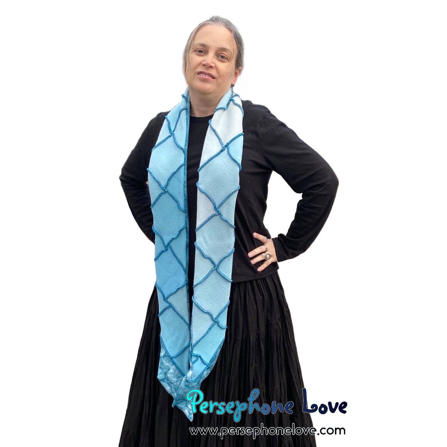Patchwork teal 100% cashmere upcycled needle-felted sweater scarf -1808