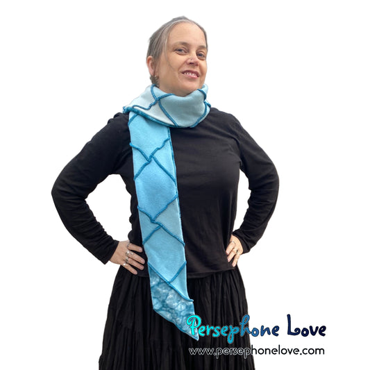 Patchwork teal 100% cashmere upcycled needle-felted sweater scarf -1808