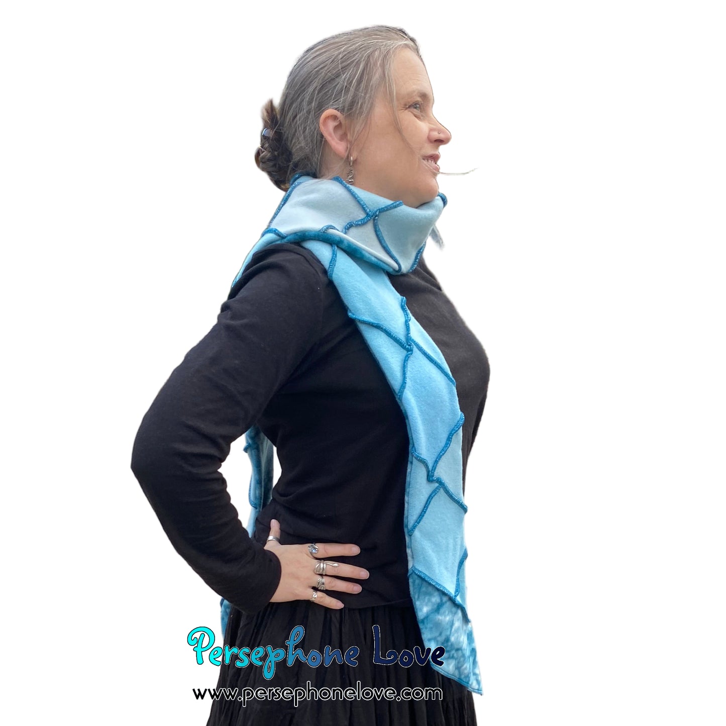 Patchwork teal 100% cashmere upcycled needle-felted sweater scarf -1808