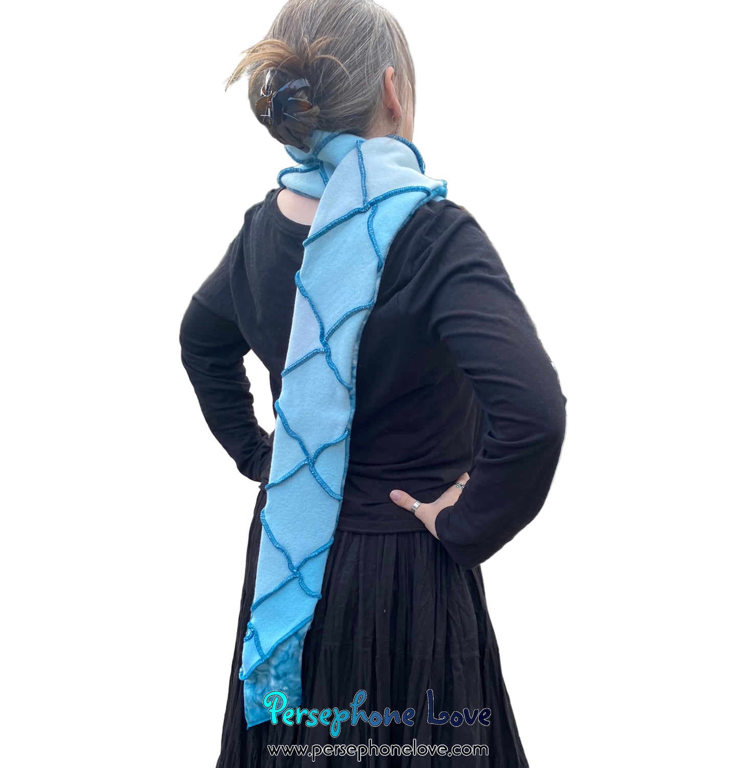 Patchwork teal 100% cashmere upcycled needle-felted sweater scarf -1808