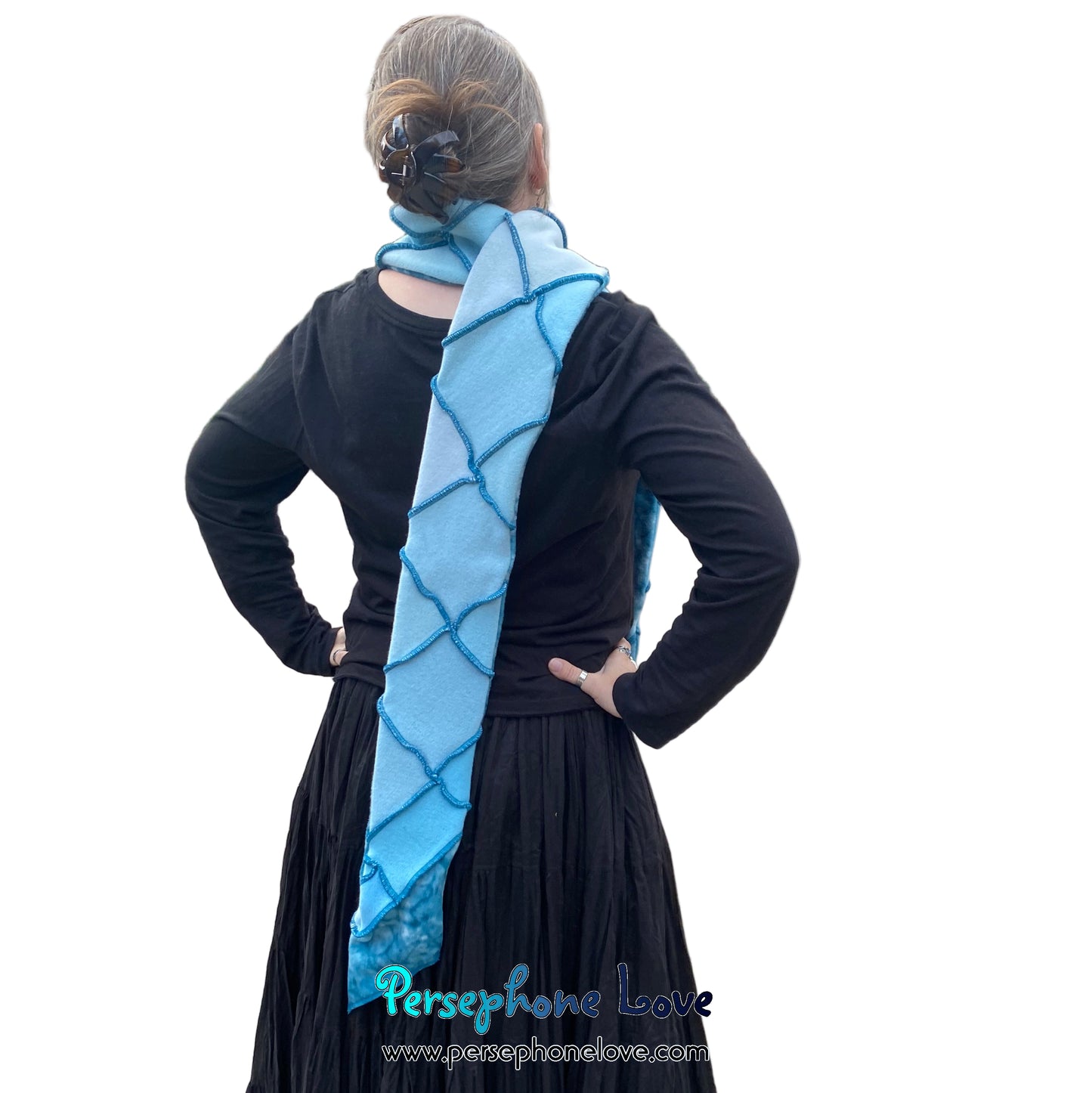 Patchwork teal 100% cashmere upcycled needle-felted sweater scarf -1808