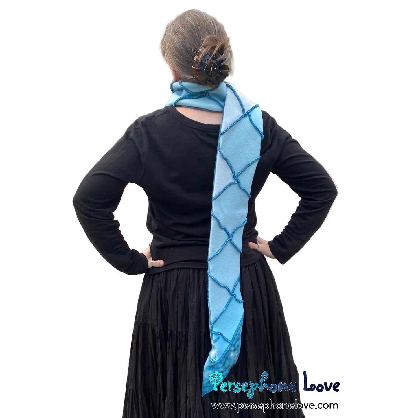Patchwork teal 100% cashmere upcycled needle-felted sweater scarf -1808