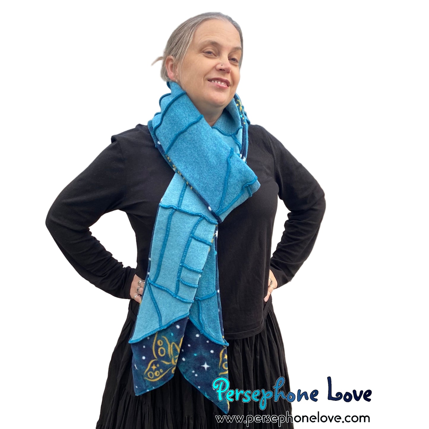 Patchwork teal 100% cashmere upcycled needle-felted sweater scarf -1821