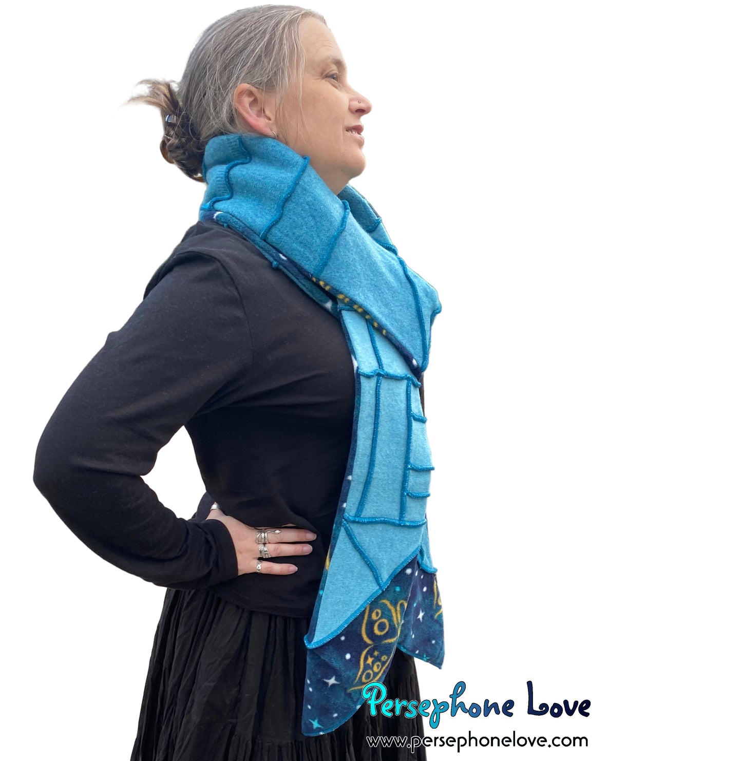 Patchwork teal 100% cashmere upcycled needle-felted sweater scarf -1821