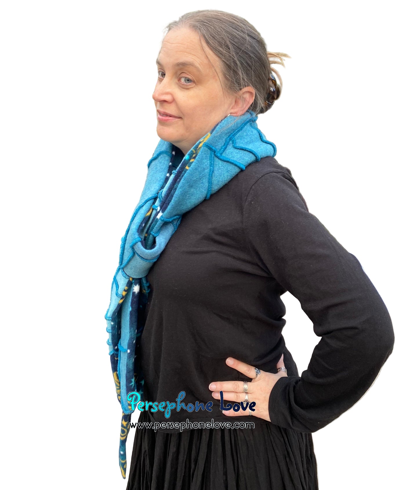 Patchwork teal 100% cashmere upcycled needle-felted sweater scarf -1821