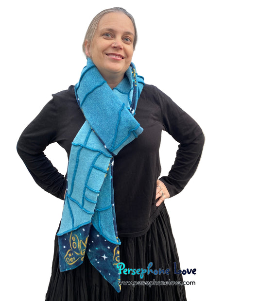 Patchwork teal 100% cashmere upcycled needle-felted sweater scarf -1821