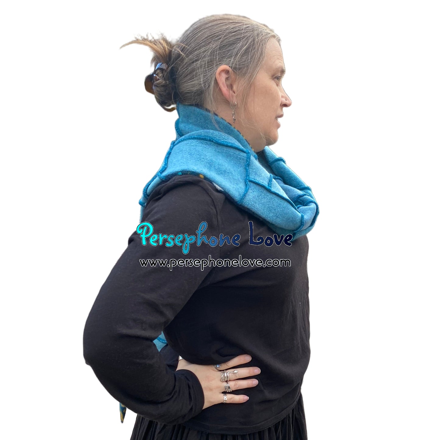 Patchwork teal 100% cashmere upcycled needle-felted sweater scarf -1821