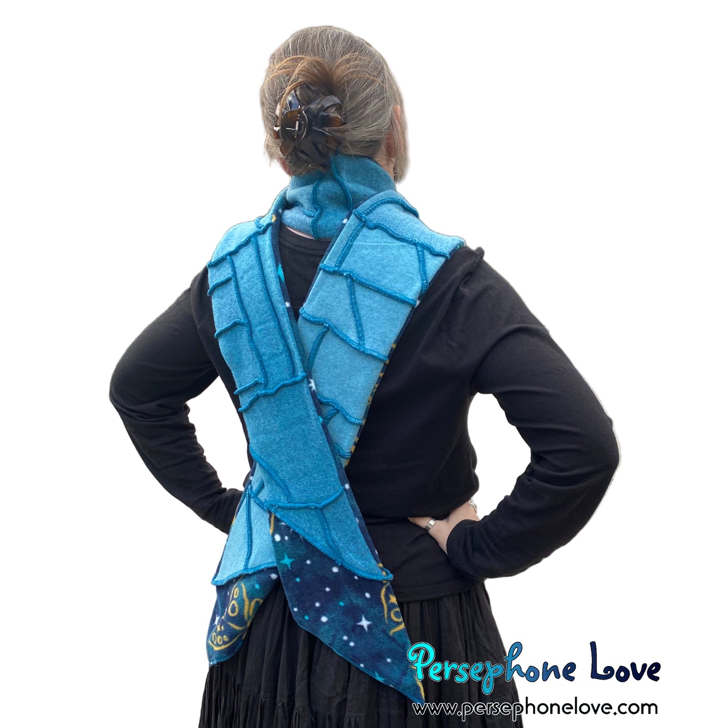 Patchwork teal 100% cashmere upcycled needle-felted sweater scarf -1821