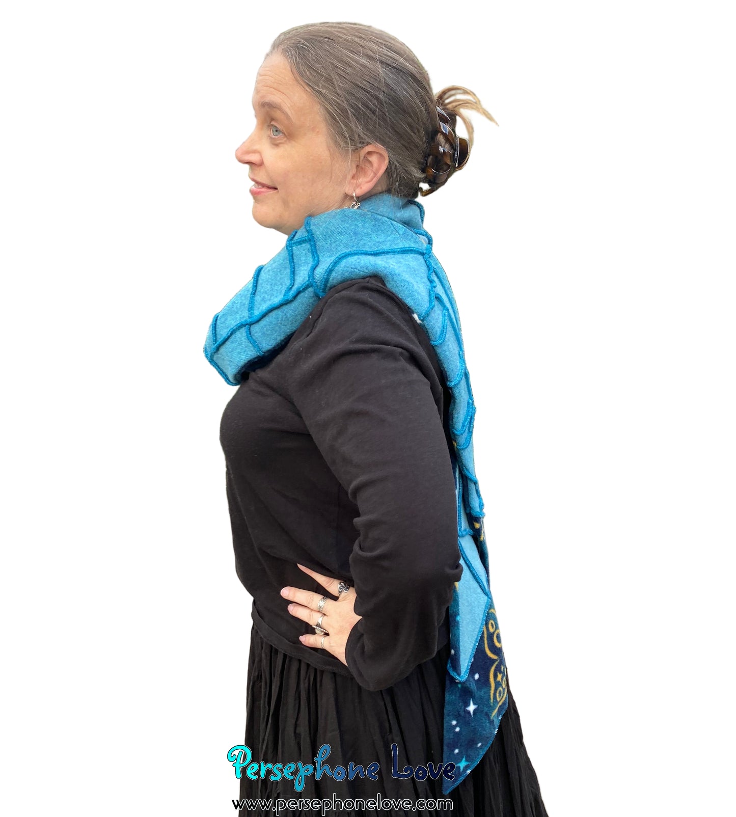 Patchwork teal 100% cashmere upcycled needle-felted sweater scarf -1821
