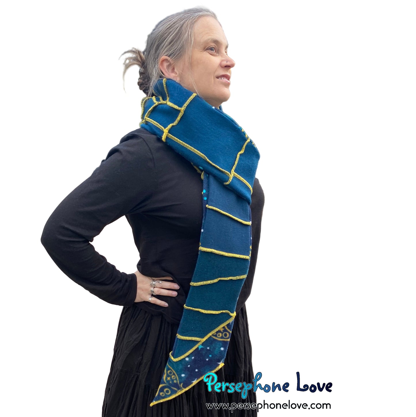 Patchwork teal 100% cashmere upcycled needle-felted sweater scarf -1832