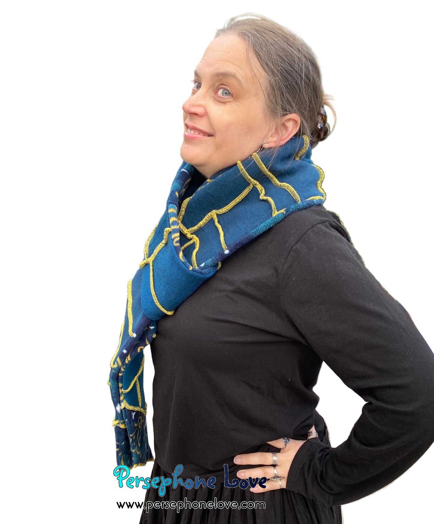 Patchwork teal 100% cashmere upcycled needle-felted sweater scarf -1832