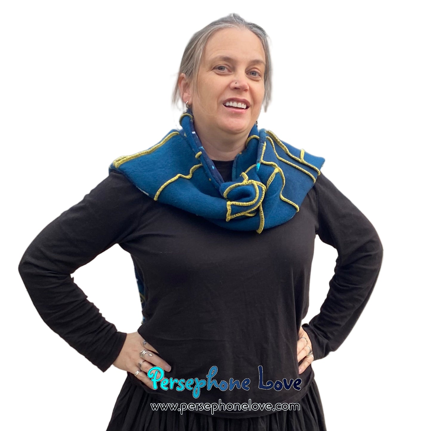 Patchwork teal 100% cashmere upcycled needle-felted sweater scarf -1832