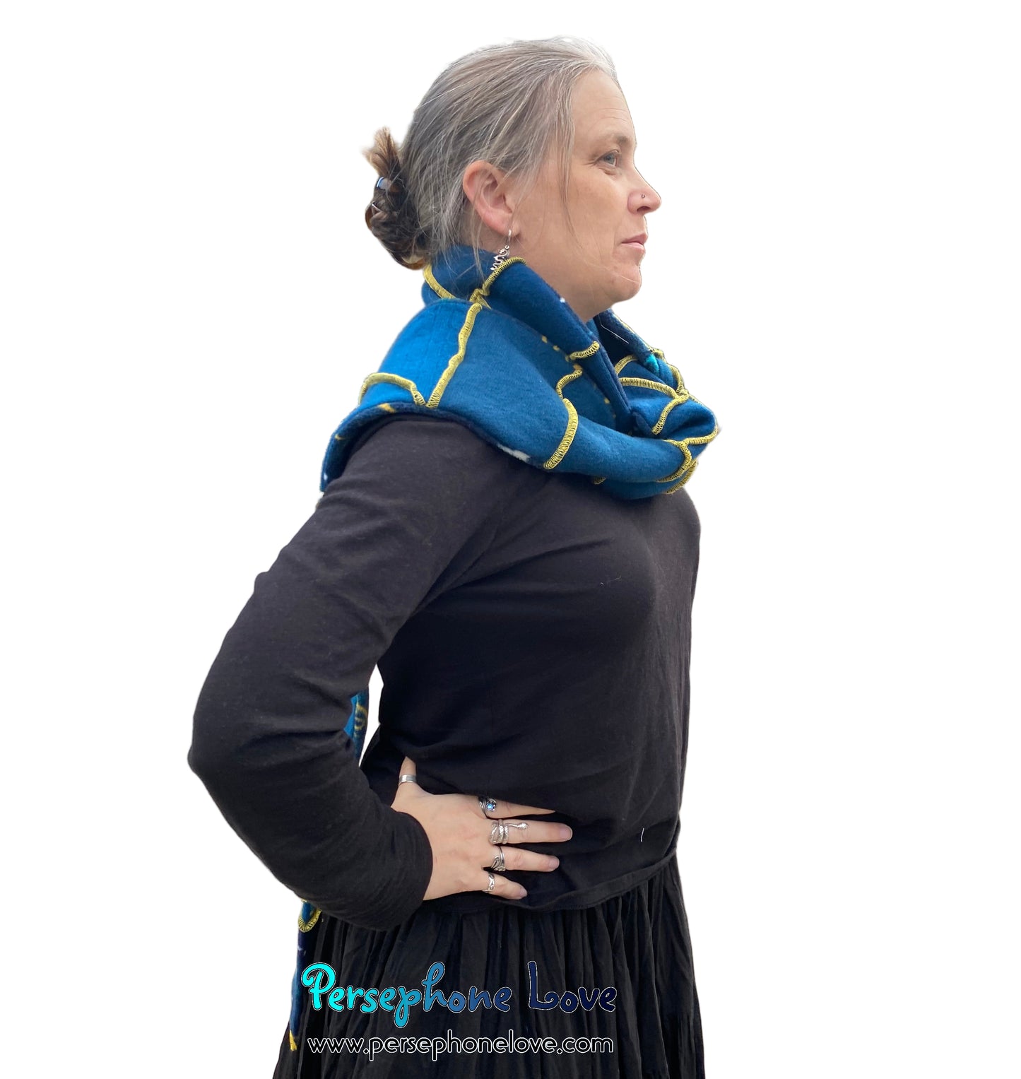Patchwork teal 100% cashmere upcycled needle-felted sweater scarf -1832