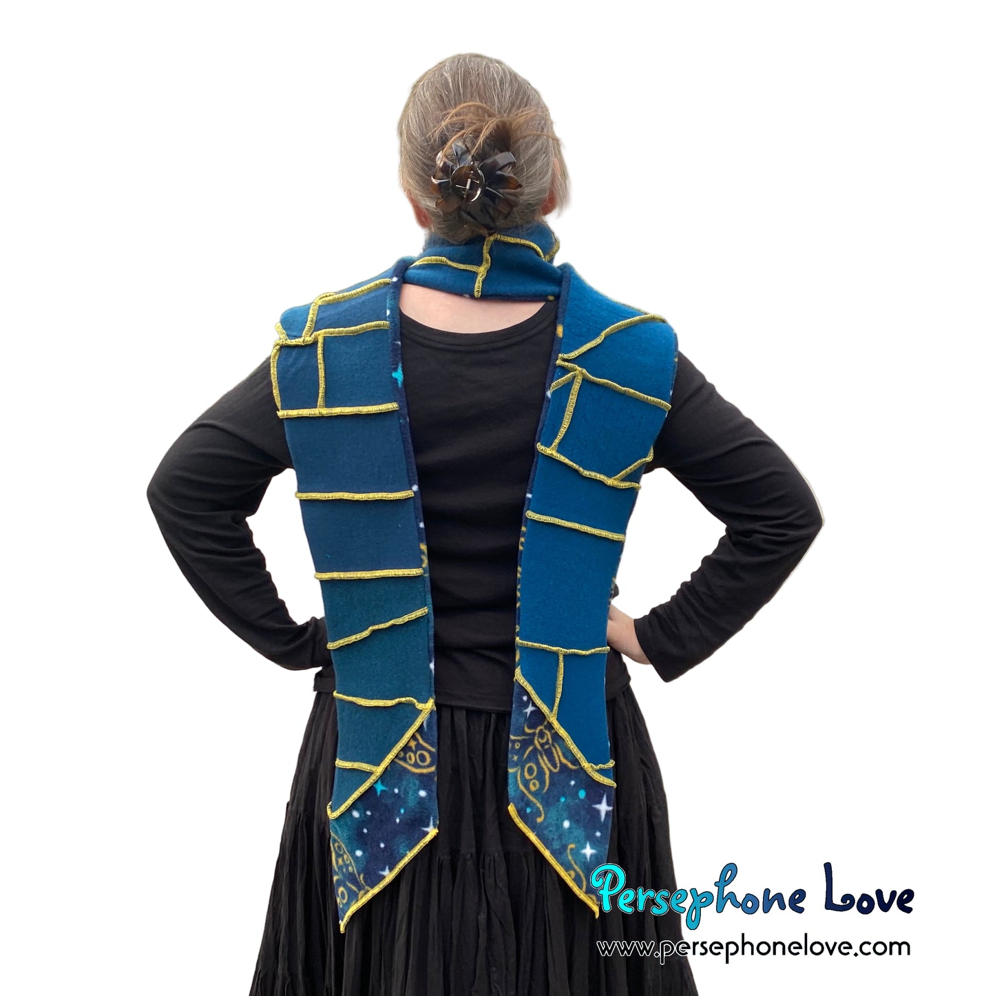 Patchwork teal 100% cashmere upcycled needle-felted sweater scarf -1832