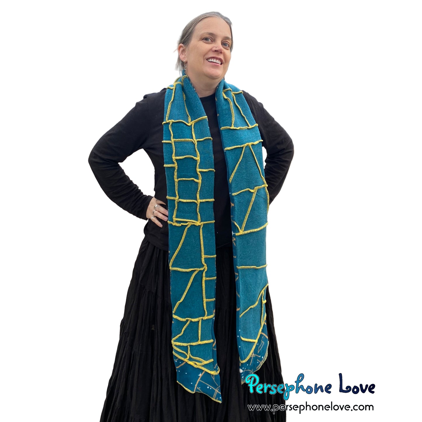 Patchwork teal 100% cashmere upcycled needle-felted sweater scarf -1835