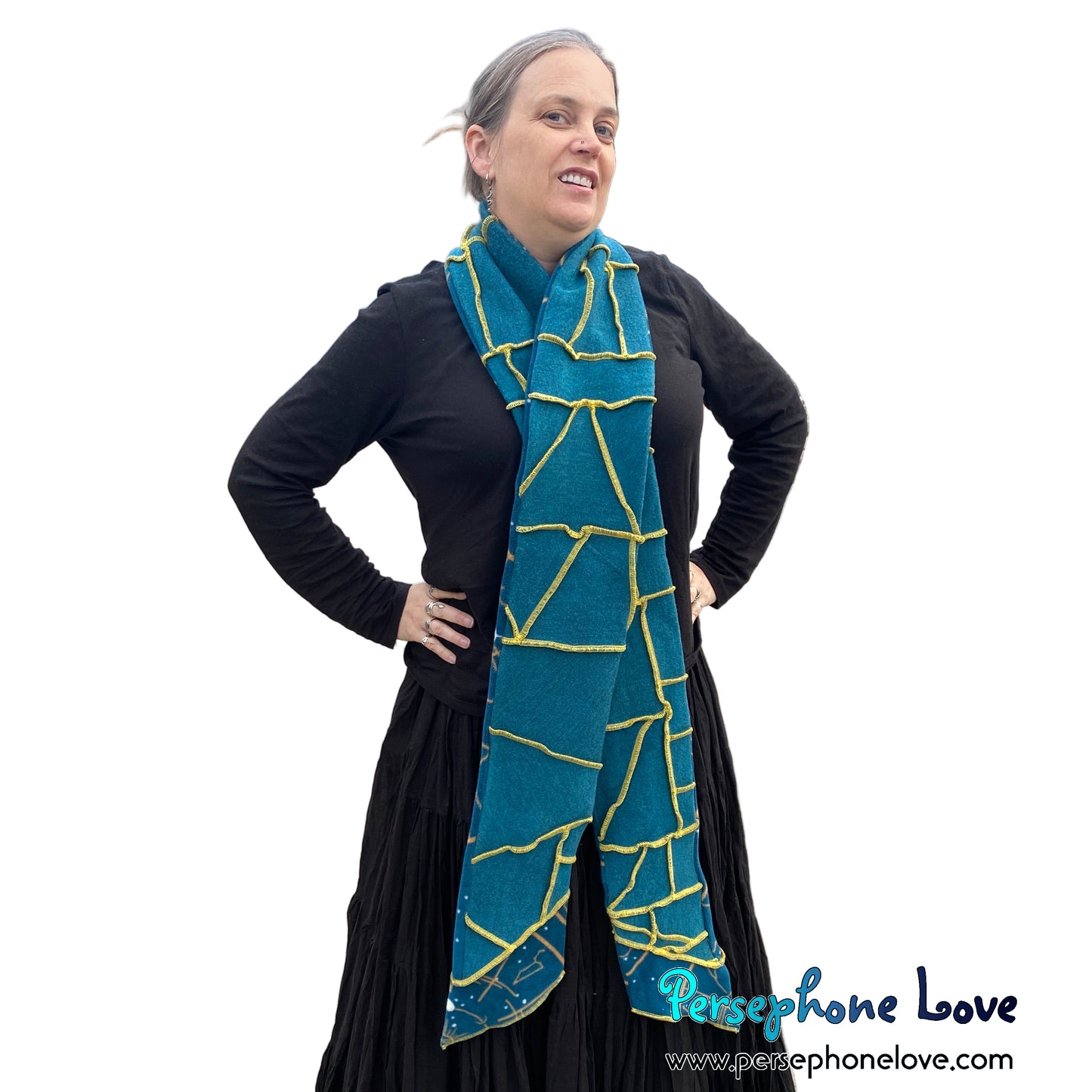 Patchwork teal 100% cashmere upcycled needle-felted sweater scarf -1835