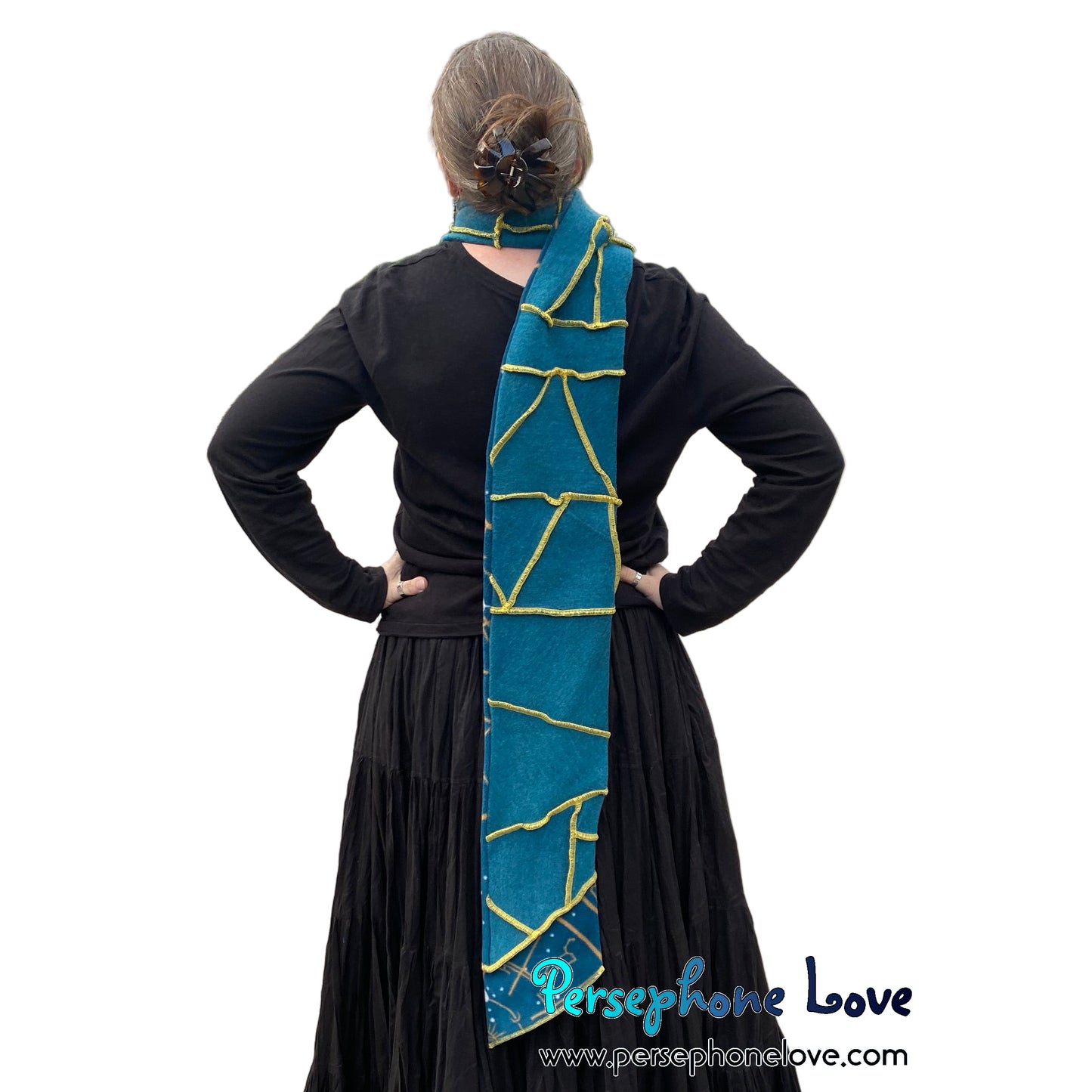 Patchwork teal 100% cashmere upcycled needle-felted sweater scarf -1835