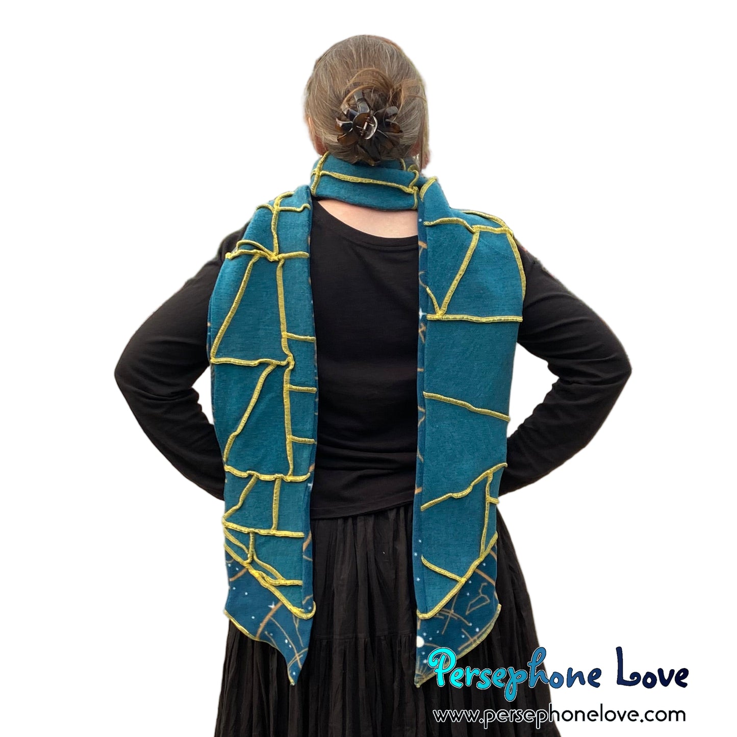 Patchwork teal 100% cashmere upcycled needle-felted sweater scarf -1835