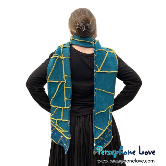 Patchwork teal 100% cashmere upcycled needle-felted sweater scarf -1835