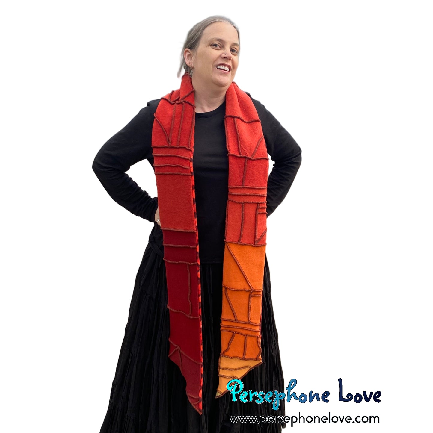 Patchwork red 100% cashmere upcycled needle-felted sweater scarf -1846