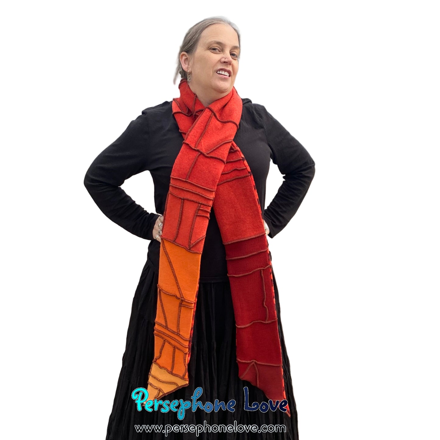 Patchwork red 100% cashmere upcycled needle-felted sweater scarf -1846
