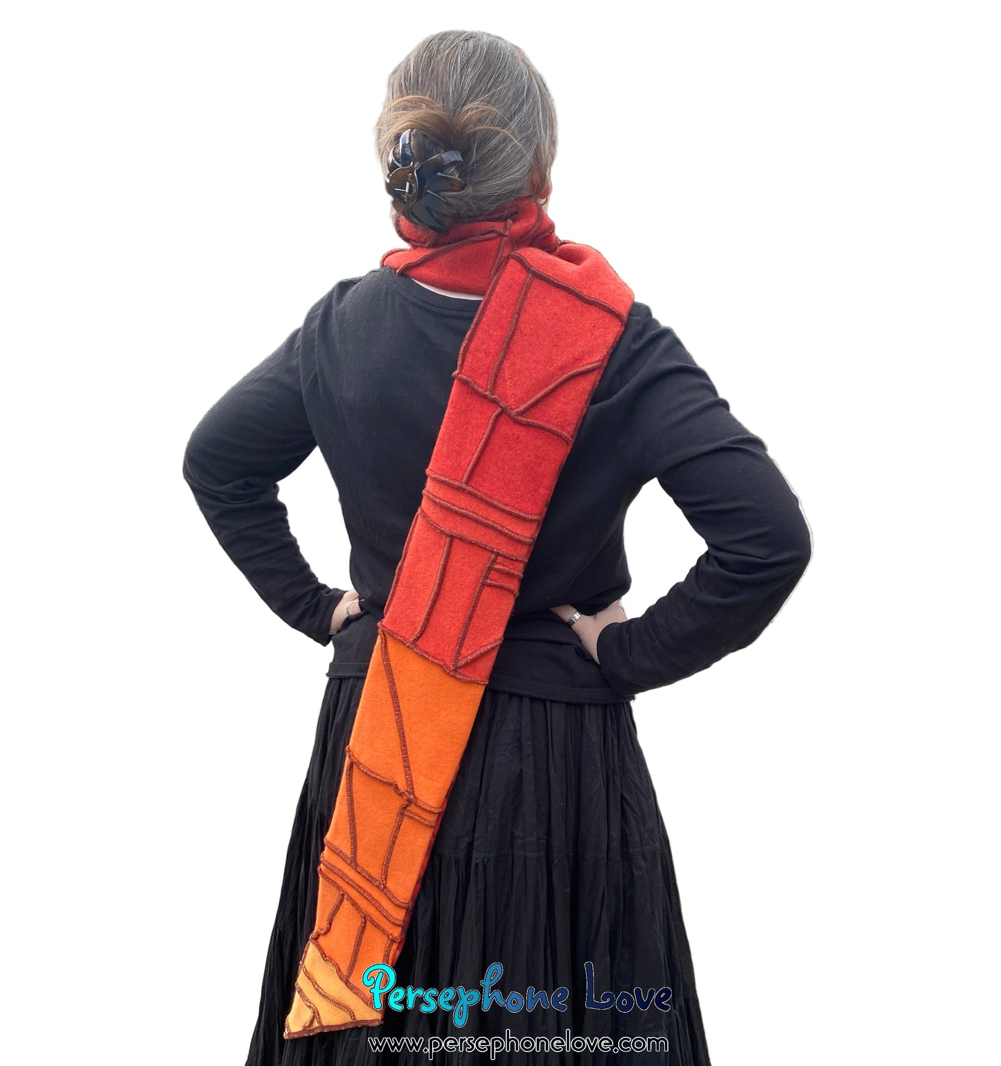 Patchwork red 100% cashmere upcycled needle-felted sweater scarf -1846