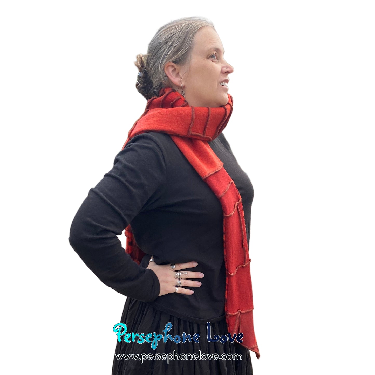 Patchwork red 100% cashmere upcycled needle-felted sweater scarf -1846