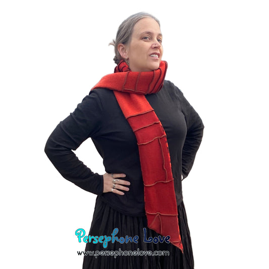 Patchwork red 100% cashmere upcycled needle-felted sweater scarf -1846