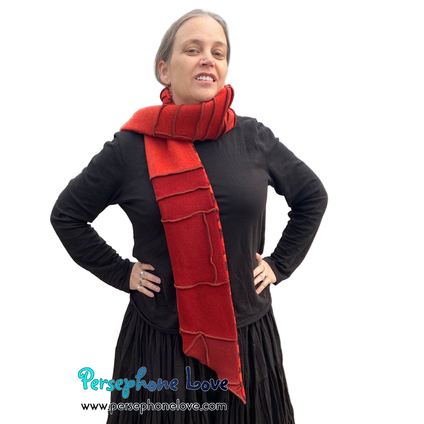 Patchwork red 100% cashmere upcycled needle-felted sweater scarf -1846