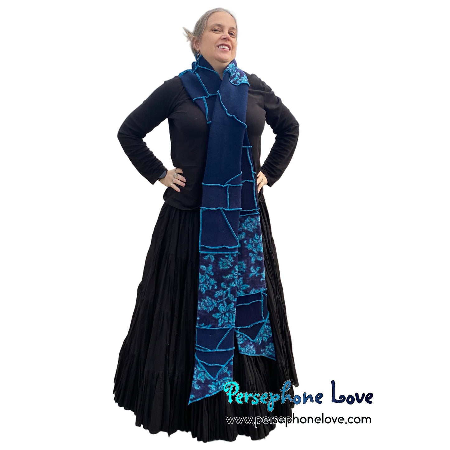 Patchwork blue 100% cashmere upcycled needle-felted sweater scarf -1864