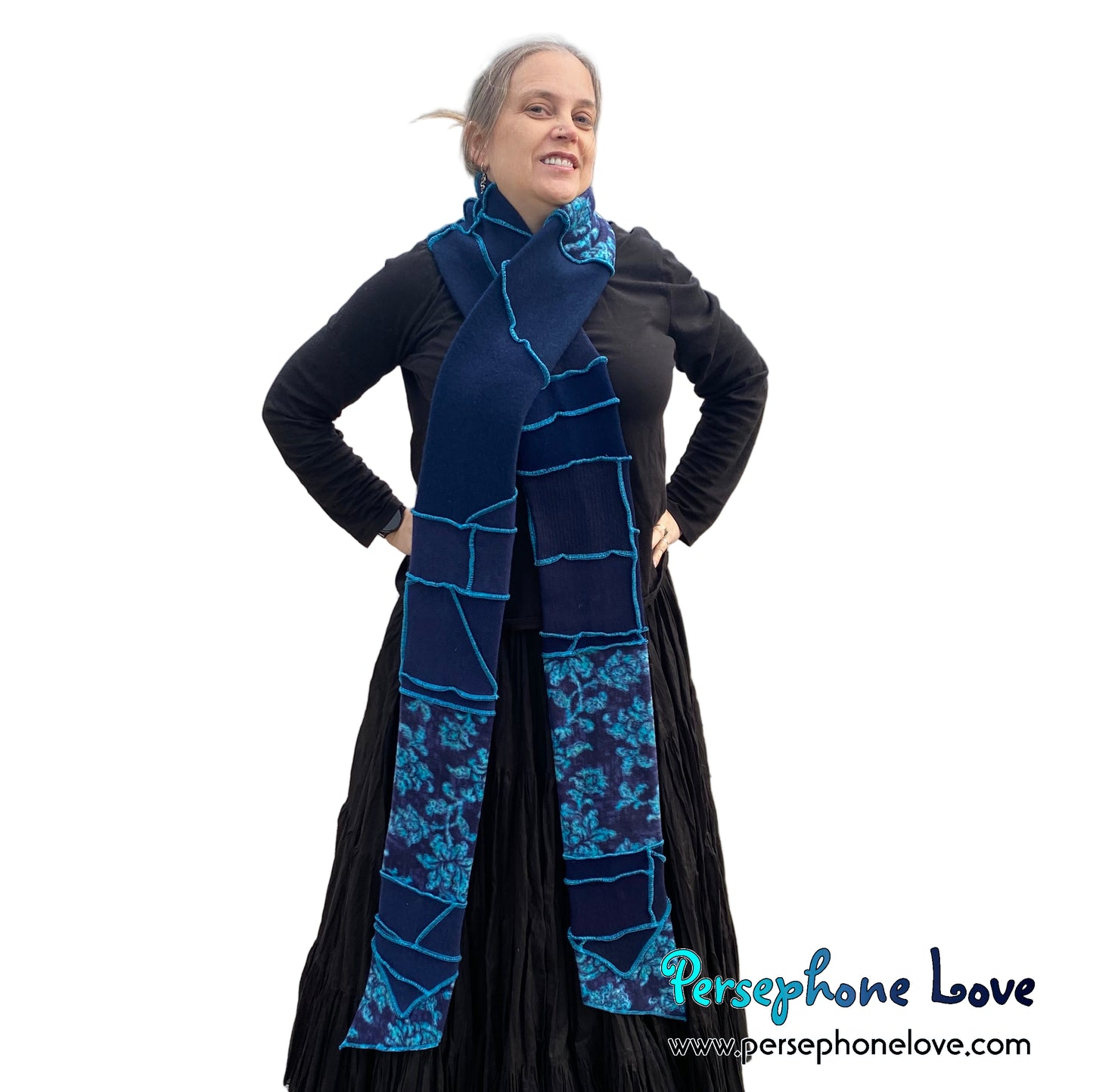 Patchwork blue 100% cashmere upcycled needle-felted sweater scarf -1864