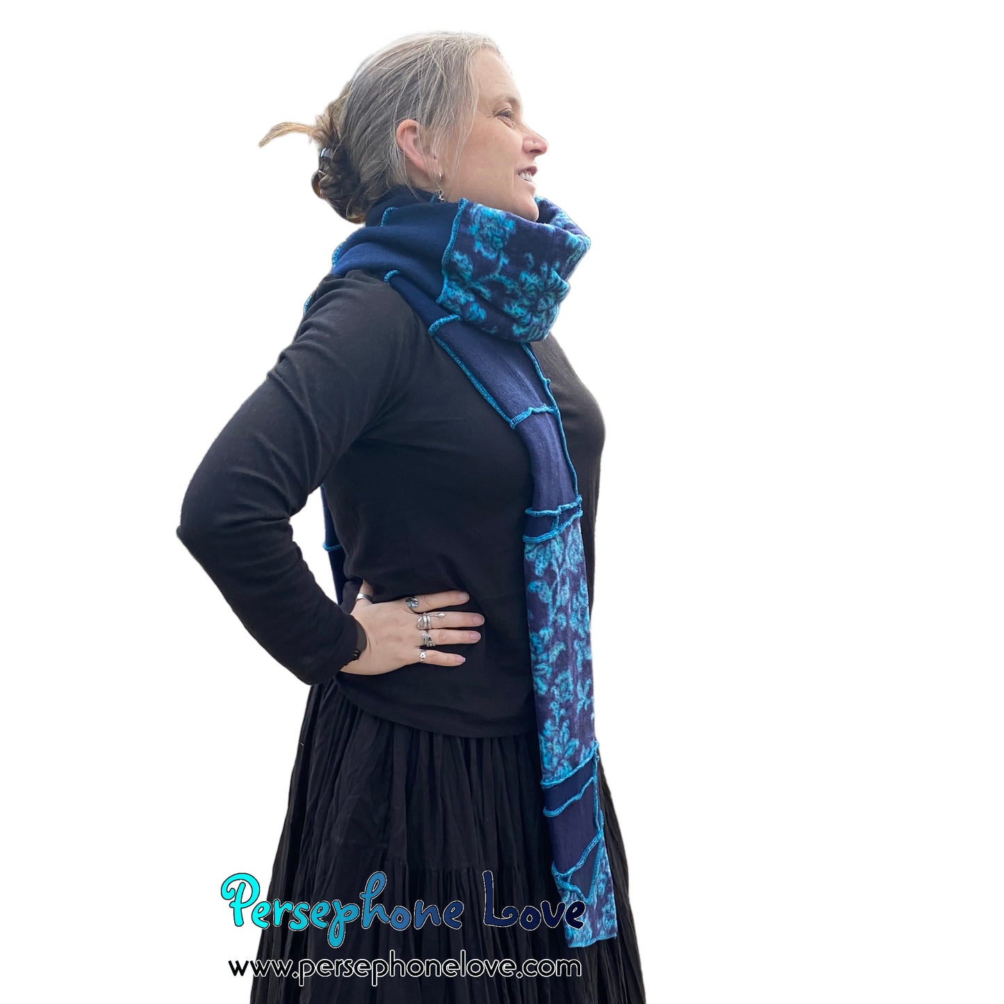 Patchwork blue 100% cashmere upcycled needle-felted sweater scarf -1864