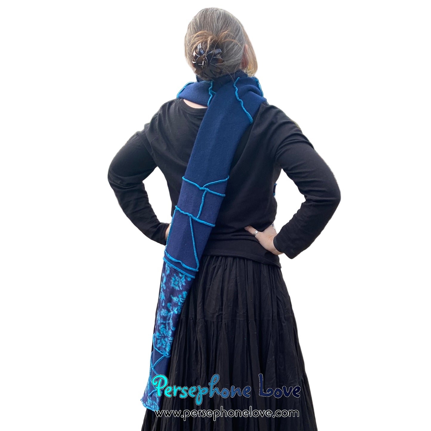 Patchwork blue 100% cashmere upcycled needle-felted sweater scarf -1864