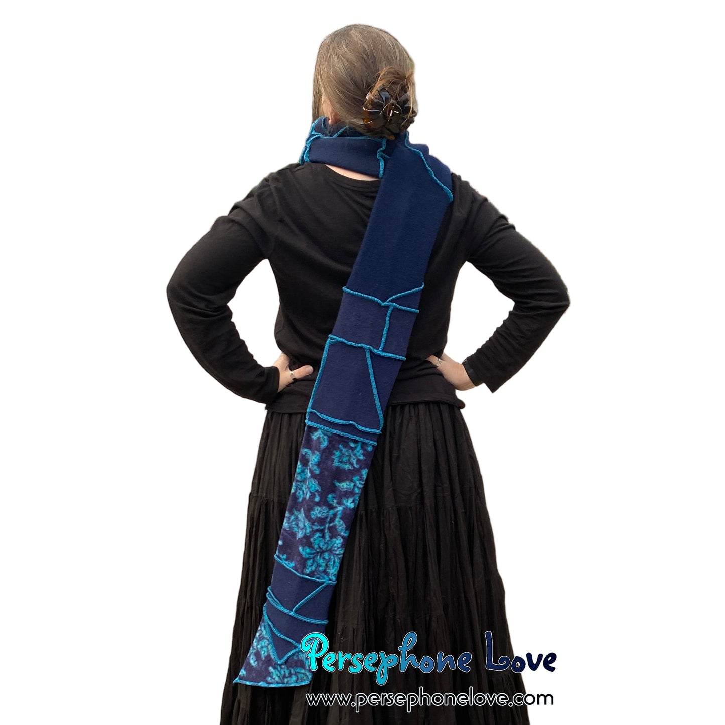 Patchwork blue 100% cashmere upcycled needle-felted sweater scarf -1864
