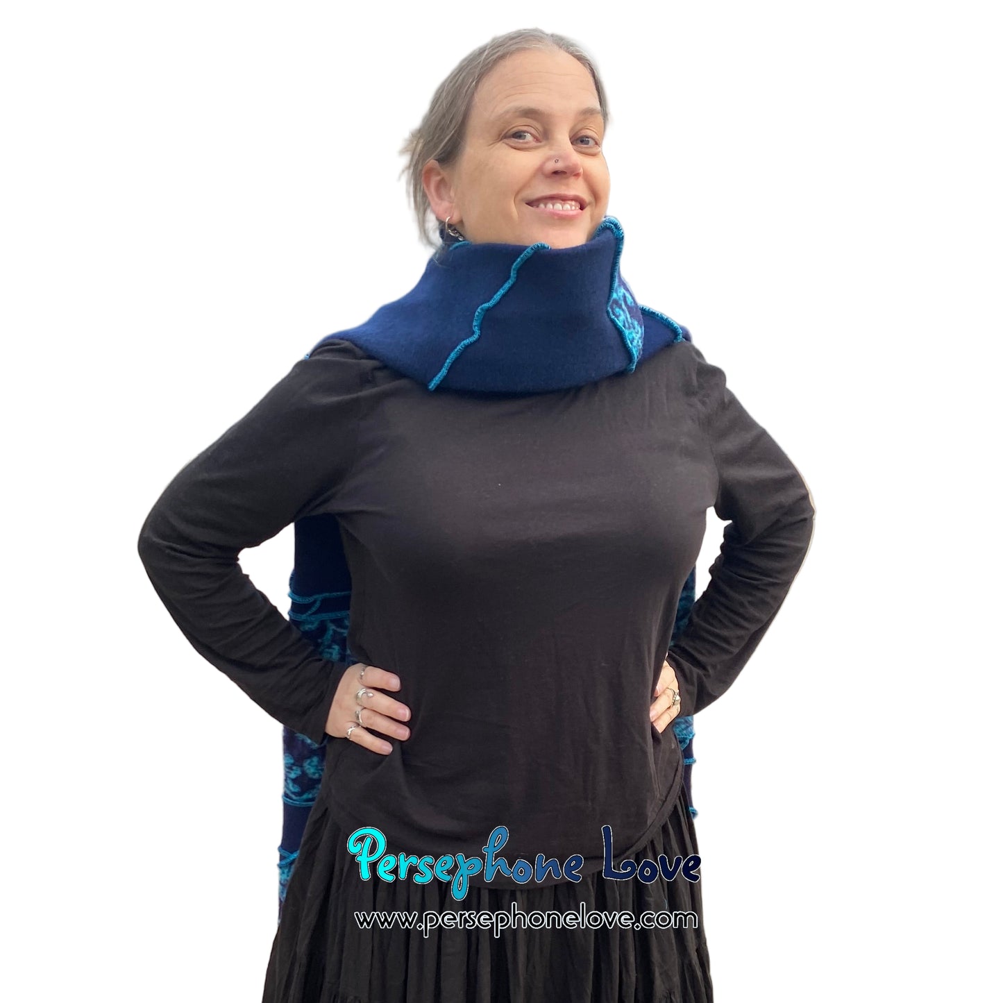 Patchwork blue 100% cashmere upcycled needle-felted sweater scarf -1864