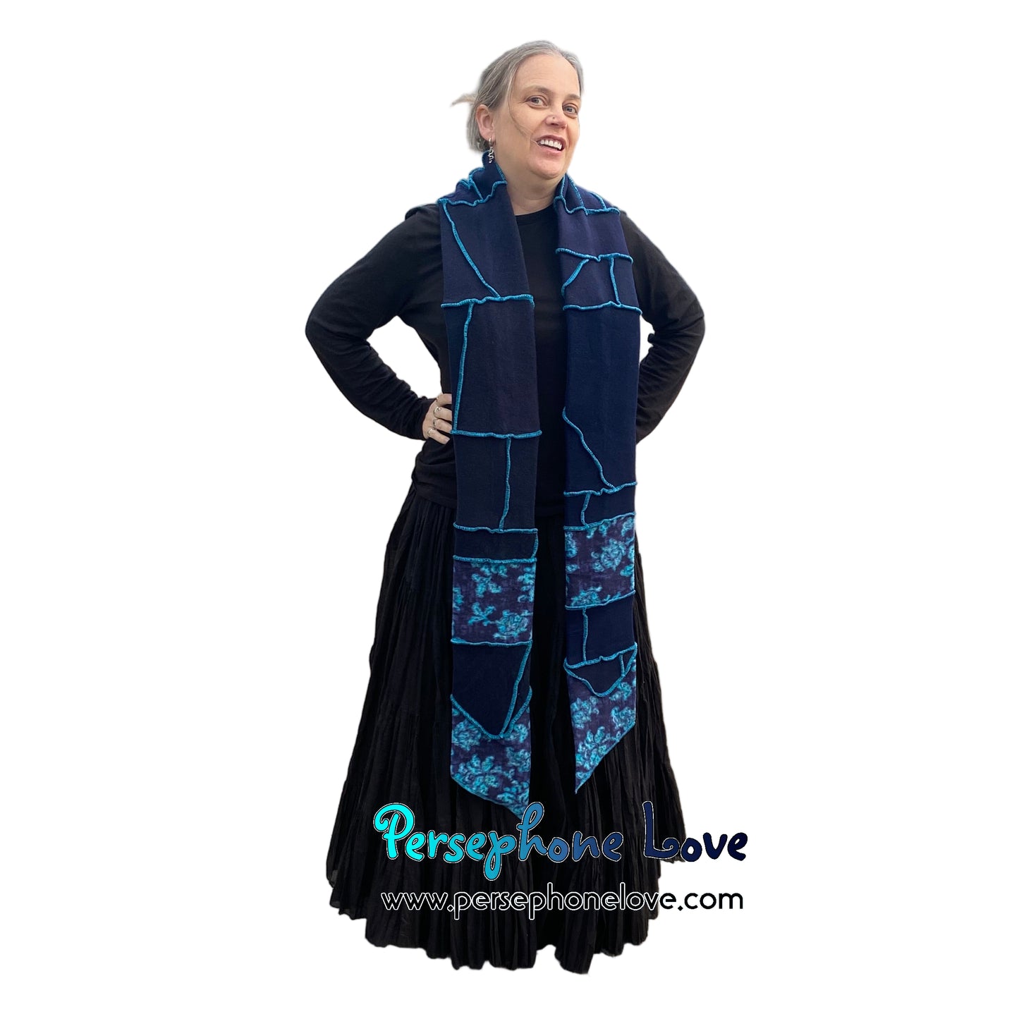 Patchwork blue 100% cashmere upcycled needle-felted sweater scarf -1865