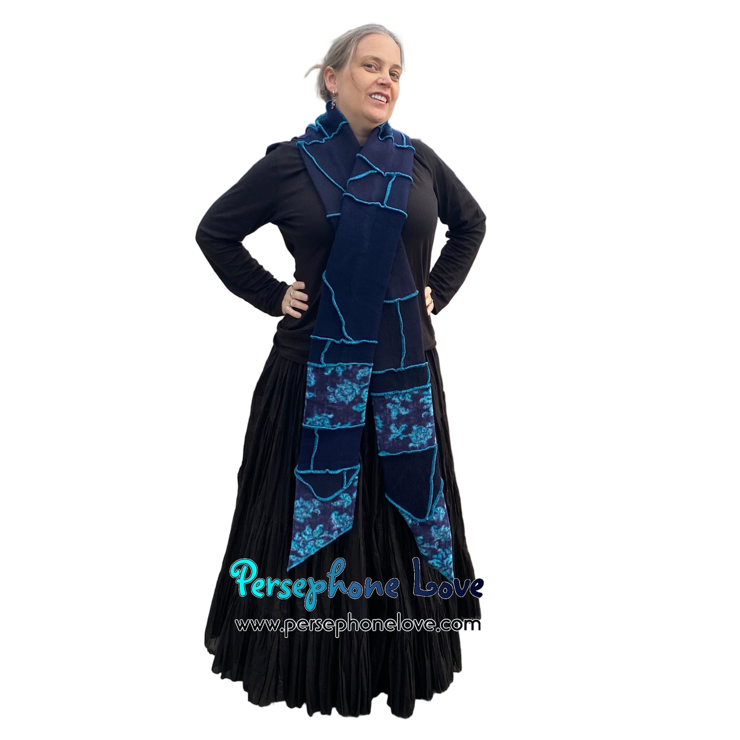 Patchwork blue 100% cashmere upcycled needle-felted sweater scarf -1865