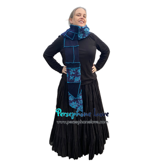 Patchwork blue 100% cashmere upcycled needle-felted sweater scarf -1865