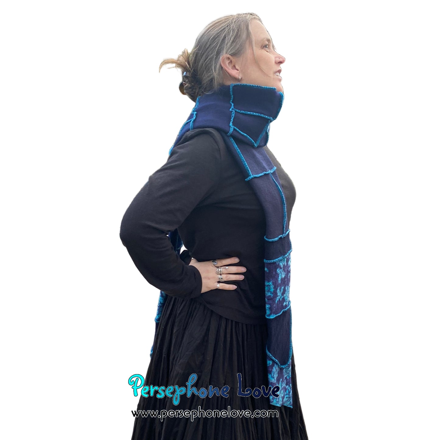 Patchwork blue 100% cashmere upcycled needle-felted sweater scarf -1865