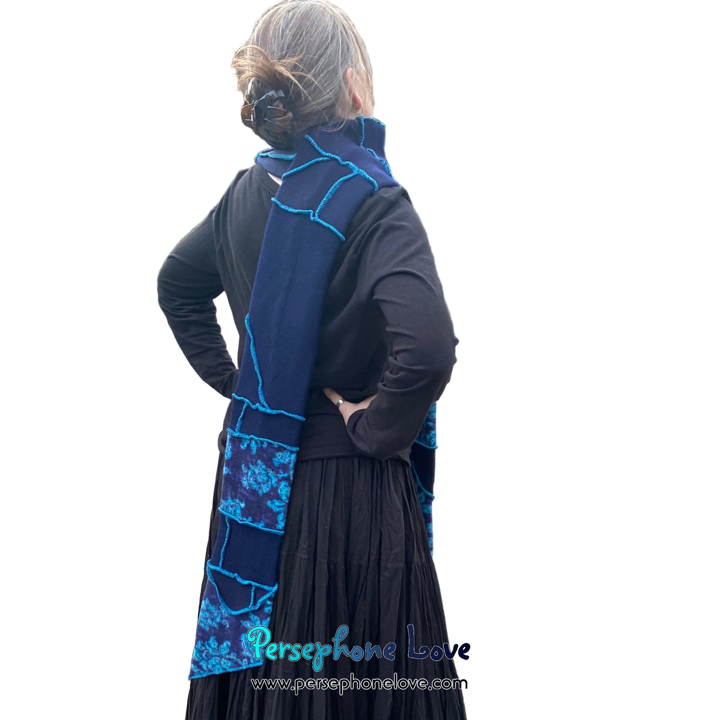 Patchwork blue 100% cashmere upcycled needle-felted sweater scarf -1865