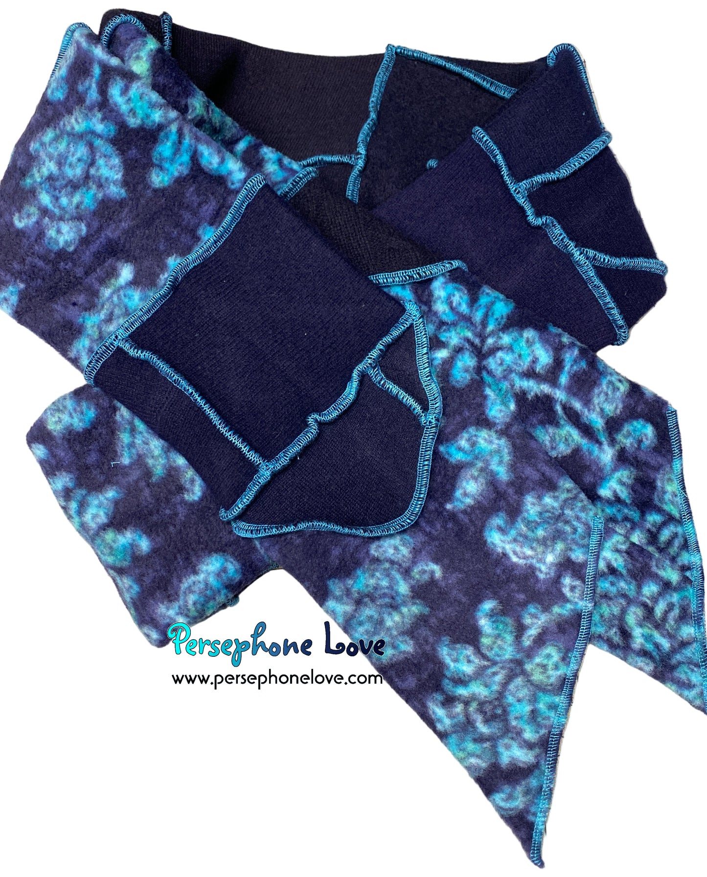 Patchwork blue 100% cashmere upcycled needle-felted sweater scarf -1865
