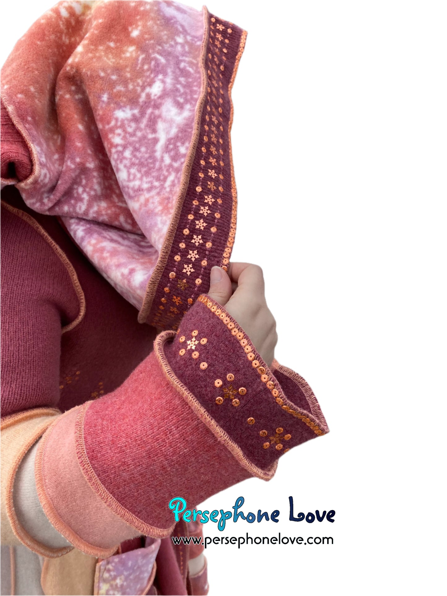 "Easter" Peach needle-felted wool/cashmere Katwise-inspired patchwork elf sweatercoat-2514