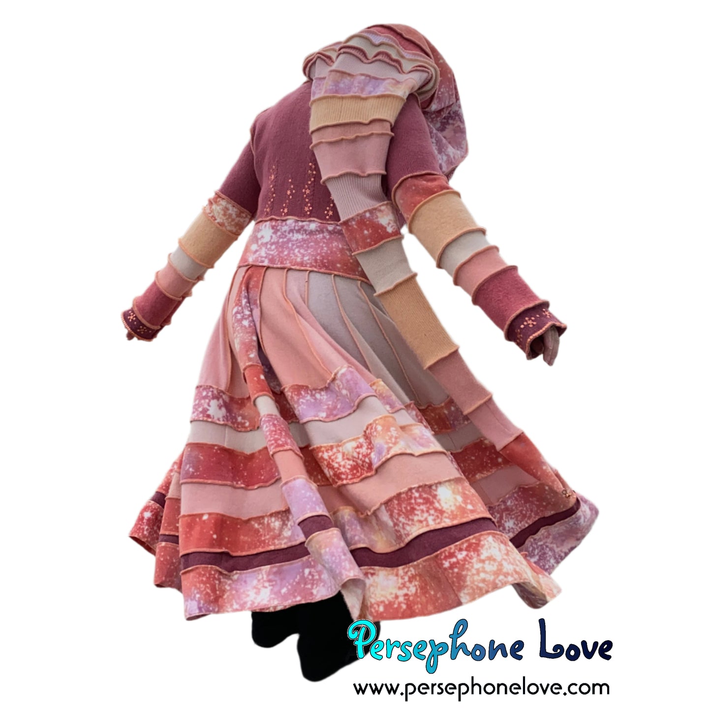 "Easter" Peach needle-felted wool/cashmere Katwise-inspired patchwork elf sweatercoat-2514